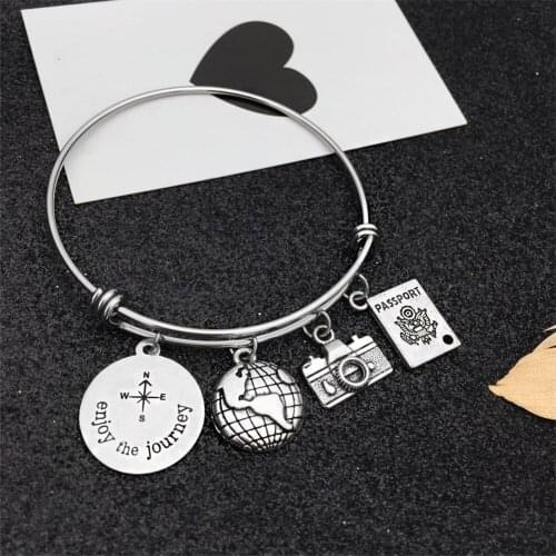 64MM Stainless Steel Adjustable Wire Bangle Enjoy the Journey Global Travel Charms DIY Bracelets for Travel Month