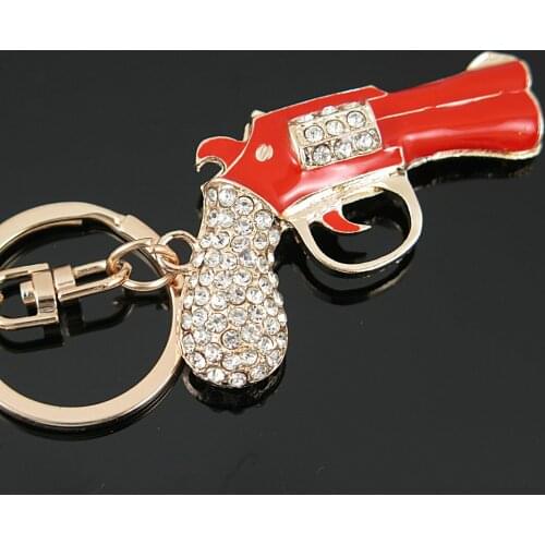 Red Enamel Revolver Magnum Gun Key Chains Holder Crystal Purse Bag Buckle Pendant For Women Gift Keyrings KeyChains
