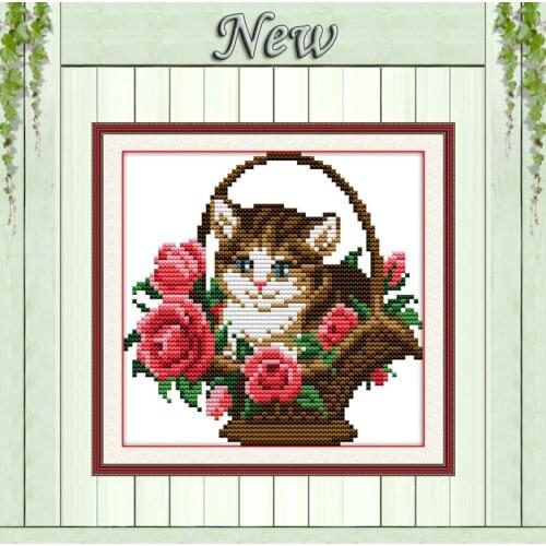 Flower basket with cat cartoon diy painting counted printed on canvas DMC 14CT 11CT Cross Stitch Needlework Sets Embroidery kits