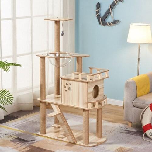 Wooden cat tree tower multilayer hous condo multi-function playground wall furniture scratch board ladder cat climbing shelves
