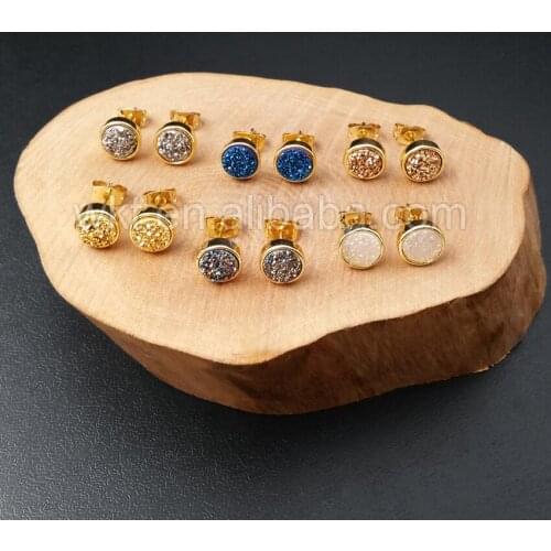 WT-E237 high quality 10mm druzy stone studs,24k gold trim round shape druzy stone studs mix color druzy stone studs