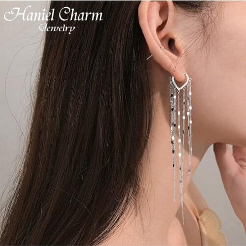 Hot sale 925 Sterling Silver Light Luxury Long Tassel Hoop Earrings Female Temperament Love Heart Gorgeous Handmade Jewelry Gift