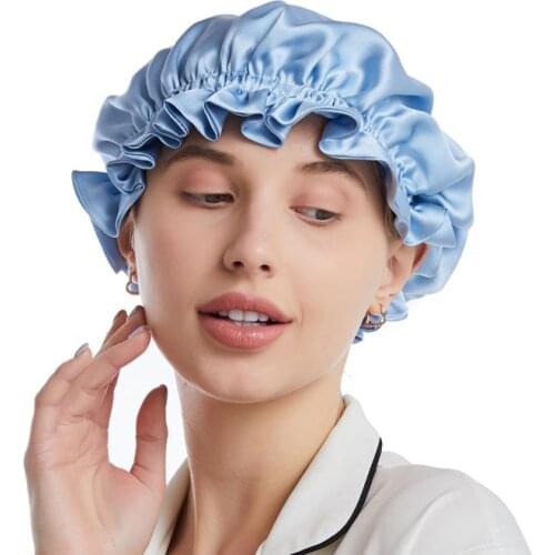 Hot Sale Double Layers Silk sleeping Cap Women Flounced Brand Solid Mulberry Silk Night Sleep Cap Elegant Hair Care Accessories