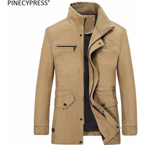 100% Cotton Men Jacket Zipper Pockets Khaki Green Black Casual Street Wear Spring Autumn Winter Male Slim Outwear Man Trench