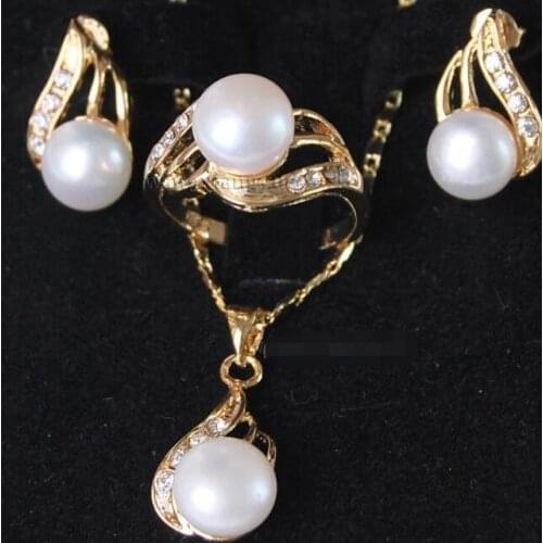Genuine White Cultured Pearl ring earrings Necklace Pendant Set AAA