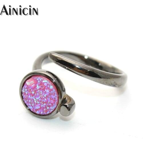 New Design Finger Rings Rainbow Plating Rose Pink Color Drusy Crystal Open Rings For Fashion Women Cheap Jewelry Gift
