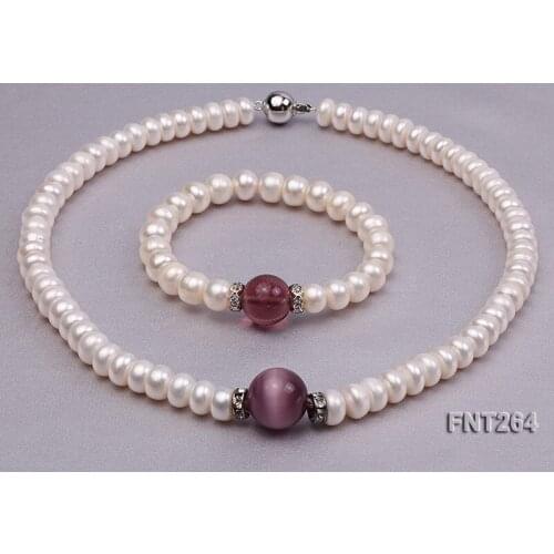 Perfect White Freshwater Pearl Purple Cats Eye Stone Rhinestone Necklace Bracelet Jewelry Set Charming Girl Baby Birthday Gift