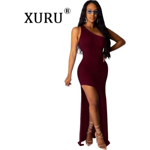 XURU Europe and America sexy hot dress slanted shoulder irregular split dress white wine red green black dress