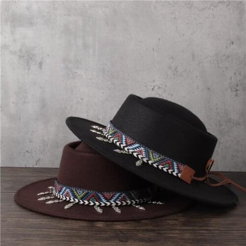 Women Wool Fedora Hat Lady Tassel Pork Pie Hat Flat Bowler Porkpie Top Jazz Hat Size56-58CM