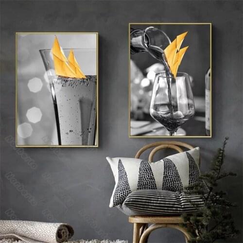Modern Canvas Painting Wall Posters Vintage Realistic Pictures Red Wine Glasses Yellow Paper Crane for Home Rooms Wall Decoratio