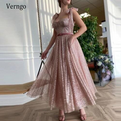 Verngo Glitter Dusty Pink Tulle Evening Party Dresses A Line Sweetheart Straps Short Prom Gowns Tea Length 2021 Special Occasion