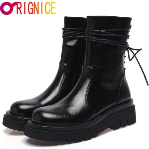 Orignice Genuine Cow Leather Ankle Boots Women Lace-Up Zipper Round Toe Lady Autumn Winter Platform Thick Bottom Handmade Shoes