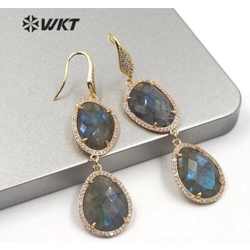 WT-ME073 Gorgeous high quality micropave setting natural labradorite dangling hoop earring fashion women dangle stone earrings