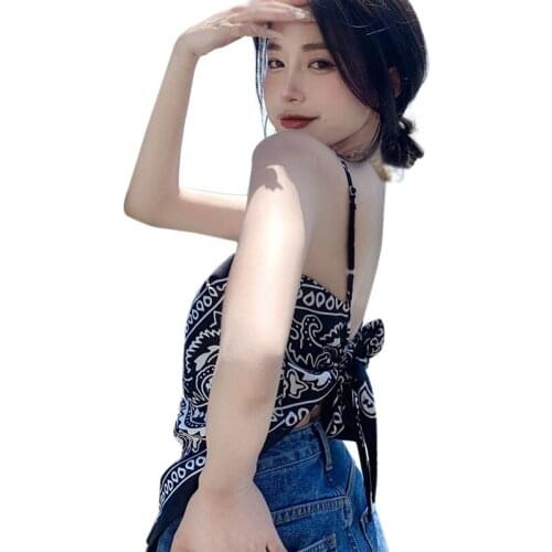 Ladies Retro Print Irregular Halter Top Slim Sexy Camisole Summer Vacation Style Fashion All-Match