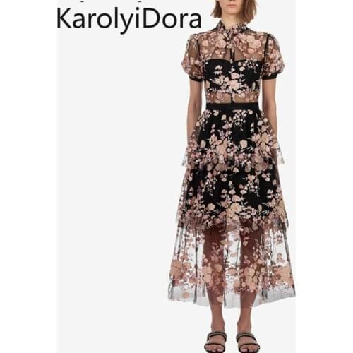 Self portrait Runway Desigher dress Embroidery Sequined Flower Mesh Dress 2020 Summer Women High Waist Party Long Dress