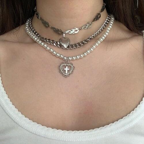 Punk Gothic Harajuku Pearl Chain Hollow Heart Shaped Pendant Retro Court Cross Choker Necklace Fashion Jewelry for Women Girls