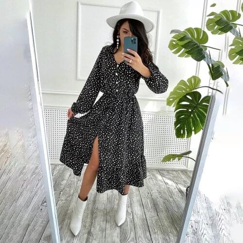 2021Autumn Polka Dot Print Dress Women Chiffon Elegant V-neck Long Sleeve Ruffles Split Woman Dresses Spring Holiday Robe Femme