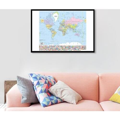 3*2 Feet Political Map of The World with National Flags Canvas Painting Wall Art Poster School Supplies Classroom Home Decor