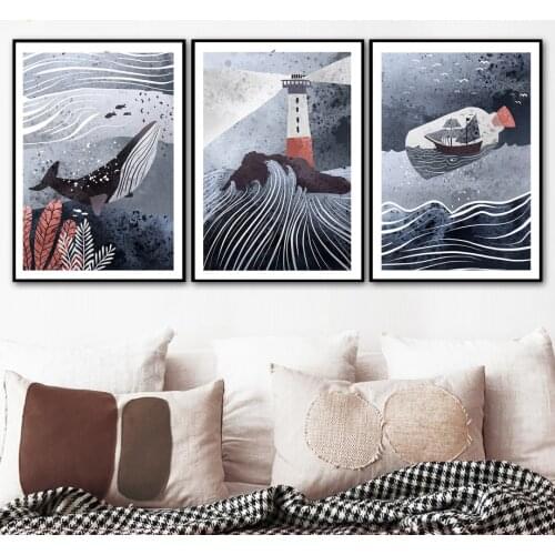 Whale Lighthouse Sea Bottle Ship Abstract Wall Art Canvas Painting Nordic Posters and Prints Pictures for Living Room Home Decor