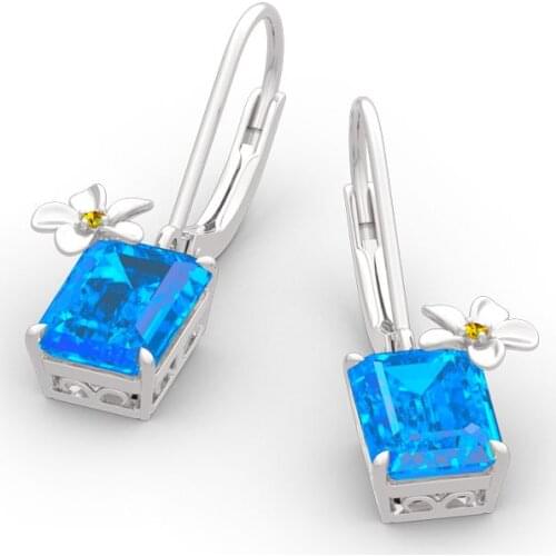 Aqua Blue Zircon Square Stone Hoop Earrings Dainty Silver Color Wedding Earrings Cute Gold Color Small Flower Earrings For Women