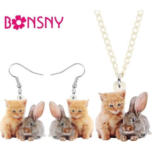 Bonsny Acrylic Easter Brown Hare Rabbit Bunny Cat Jewelry Sets Long Pet Animal Earrings Necklace For Women Girls Fashion Gift