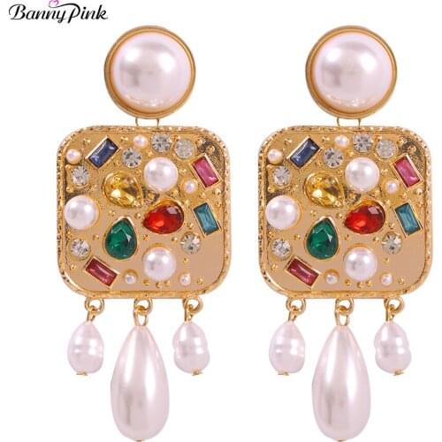 Banny Pink Multi Crystal Statement Stud Earrings For Women Wedding White Pearl Tassel Stud Earrings Big Geo Chandelier Earrings