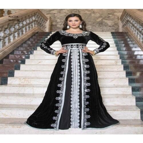 Black Morrocan Muslim Evening Dress Elegant Embroidery Long Sleeve Red Prom Dress Velvet Floor Length A Line Formal Turkey Dress