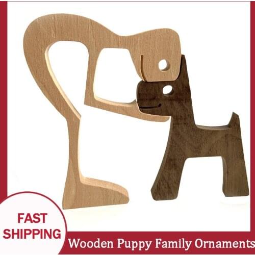 Wooden Puppy Family Model Toy Carving Ornaments Home Desk Decoration Kawaii Dog Pets Figurine Ornament Sculptures Birthday Gift
