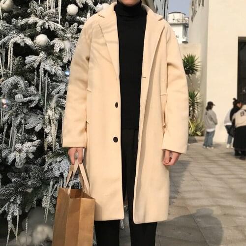Autumn Long Woolen Coat Mens Fashion Solid Color Casual V-neck Woolen Jacket Man Streetwear Wild Loose British Style Overcoat