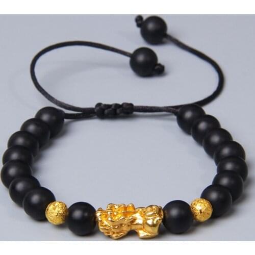 Feng shui gold tone pixiu charm bracelet Women men black glass beads Black rope Weave adjustable bracelet energy gifts wholesale