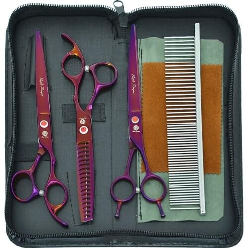 Purple Dragon 7" Pet Scissors Japan Steel Dogs Grooming Kit Japan 440c Cutting Thinning Curved Shears for Animals Haircut B0022B