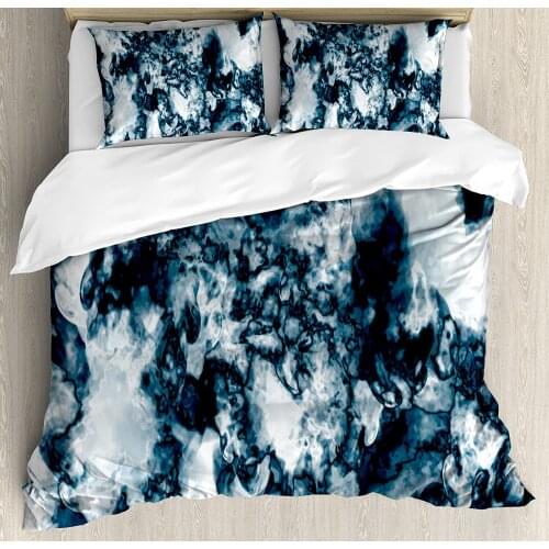 Marble Duvet Cover Set Unusual Gemstone Onyx Rock Nature Pattern with Vintage Paintbrush Effects 3 Piece Bedding Set Blue Pearl