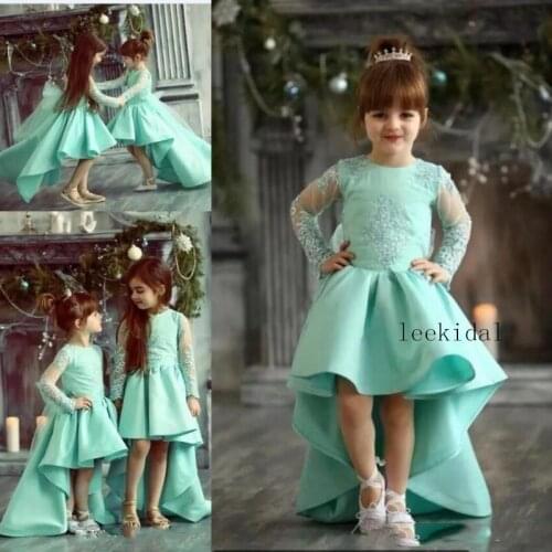 Mint Green Long Sleeve High Low Flower Girl Dresses For Weddings Sweep Train Girls Photography Dress Birthday Party Gowns Custom