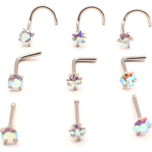 9pcs Screw Nose Studs Set Round Star Heart Cubic Zirconia I L Shape Tragus Ring Ear Surgical Steel Nose Piercing 20G