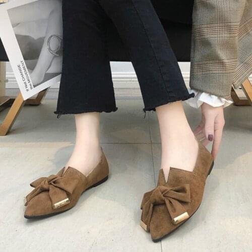 New Fashion 2020 Spring Elegant Flock Luxury Party Shoes Women Soft Flat Butterfly Knot Ballet Flats Designer Shoes U19-98