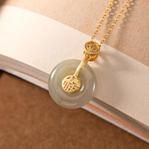 Original New silver inlaid natural Hetian Qingyu Fu character round safety buckle Pendant Necklace Chinese womens brand jewelry