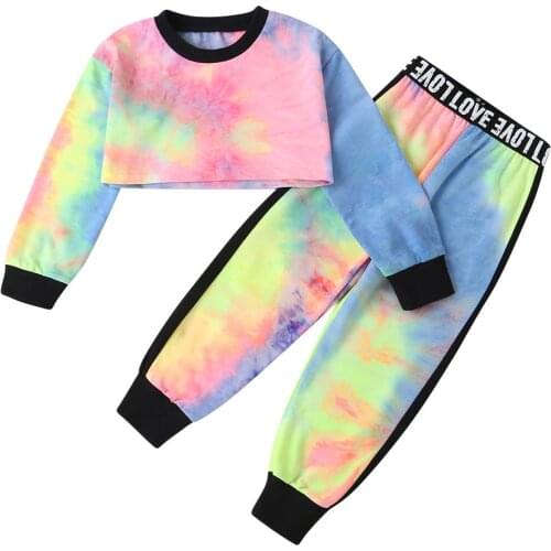 1-6Years Baby Girls Clothes Set 2021 Autumn Winter Tie-Dye Print Long Sleeve Crop Tops Sweatshirt + Loose Pants Kids Tracksuits