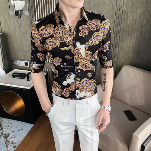 Summer slim print short sleeve shirt mens handsome senior seven sleeve Korean mens casual shirt