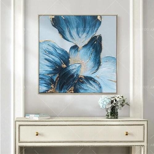Modern Large Handpainted Gold Blue Tree Flower Oil Painting On Canvas Abstract Home Wall Decor Art Picture For Living Room Decor