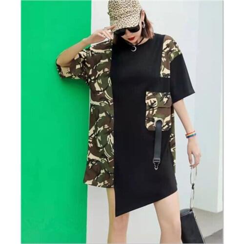 Womens summer new camouflage stitching loose Asymmetrical large size short-sleeved t-shirt women Y595