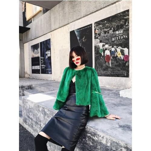 Women real mink fur jacket mink coat short style o-neck female outerwear flare sleeves