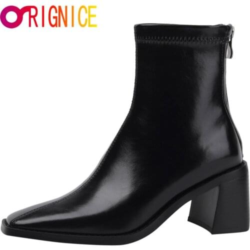 Orignice Fashion Ladies High Quality Leather Ankle Boots Casual Spring Square Toe Chunky Heel Zipper Party Office Handmade Shoes