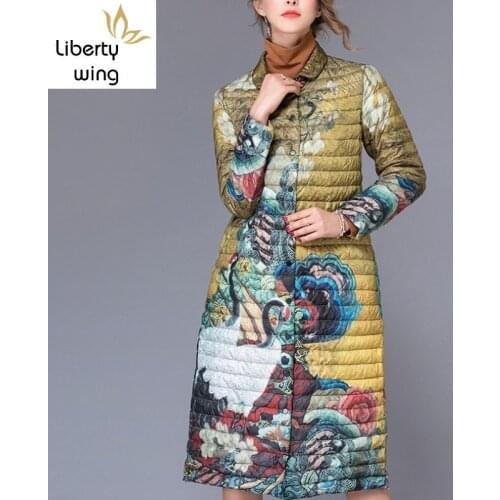 Women Ultra Thin Down Jacket Bohemian Folk Floral Printed Long Trench Coat Female Elegant Ladies Winter Party Outerwear Overcoat