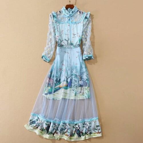 New HIGH QUALITY 2021 Fashion Designer Runway Dress Womens Bow Ruffles Stand Collar puff sleeve Embroidery Gauze Print Dress