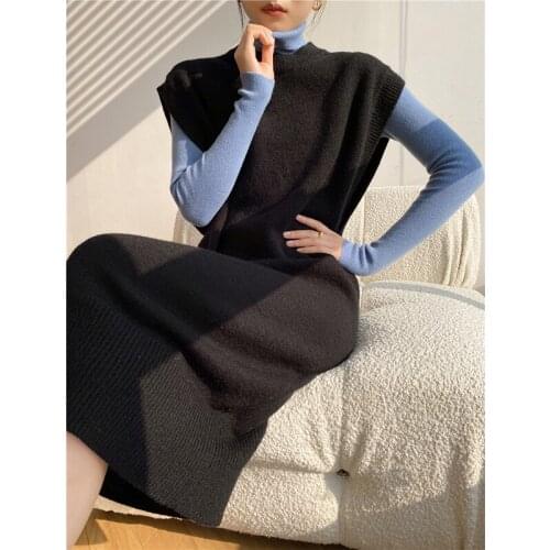 [ZAYAU]Knitted Waistcoat womens New Spring and Autumn Vest Medium Length Loose Round Neck Sleeveless Dress with Thin Base 2021