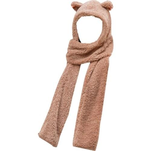 Winter Fashion Solid Color Cute Bear Ear Design Warm Plush Hat Cap Scarf Set