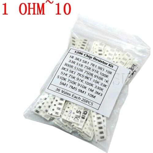 36Value * 20pcs =720pcs 1206 SMD Resistor Kit 1/4W 0.25W 5% 1 ohm~10 Mohm component diy kit new and original
