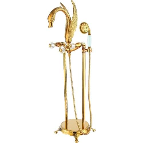 Free ship Gold finish free standing swan shower tub faucet mixer tap Luxury Brass Floor Stand Faucet, Bath & Shower Swan Faucet