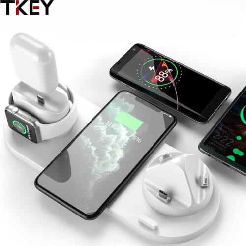 TKEY 6 in 1 Wireless Charger Bracket Base 10W QI Fast Charging For iPhone Bluetooth Headset AirPods Apple Watch Recharge Stand