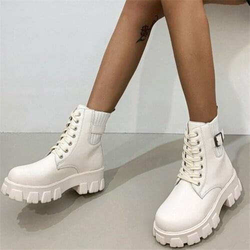 Fashion Retro Style Women Black White Chunky Med Heel Ankle Boots Brand Designer Spring Autumn Female Platform Martin Short Boot